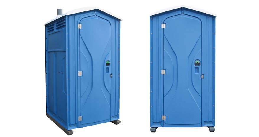 Standard blue portable toilet unit shown from two angles