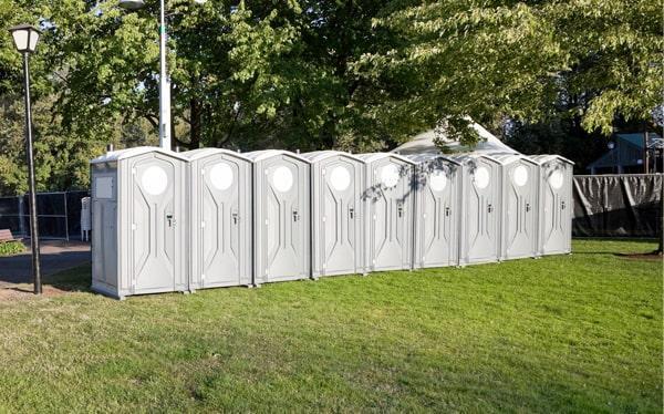 Row of white portable restroom units set up in a park